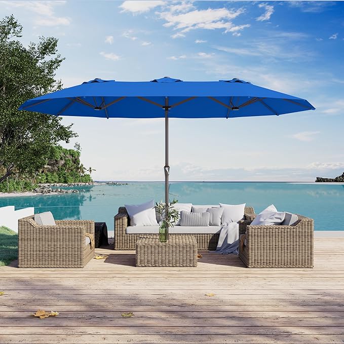 PatioKingdom 15FT Large Patio Umbrella with Base, Double Sided Rectangular Outdoor Umbrella with Sturdy Fiberglass Ribs, Market Umbrella for Pool,Garden,Backyard,Deck (Royal blue, 15FT)