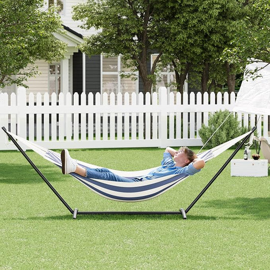Double Hammock with Steel Stand, 450lbs Capacity Heavy Duty 2 Person Portable Cotton Hammocks for Backyard Patio Garden Camping, Carrying Bag Included, Brazilian Style
