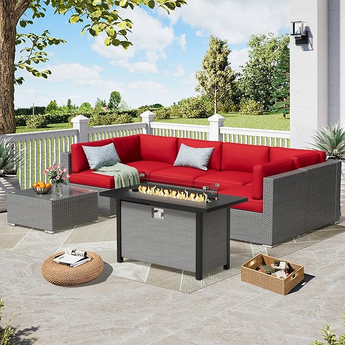 8 Pieces Outdoor Patio Furniture Set with 45” Propane Gas Firepit Table, Grey Wicker Patio Sectional Sofa Set, Outdoor Couch with Cushion and Tempered Glass Table, Red
