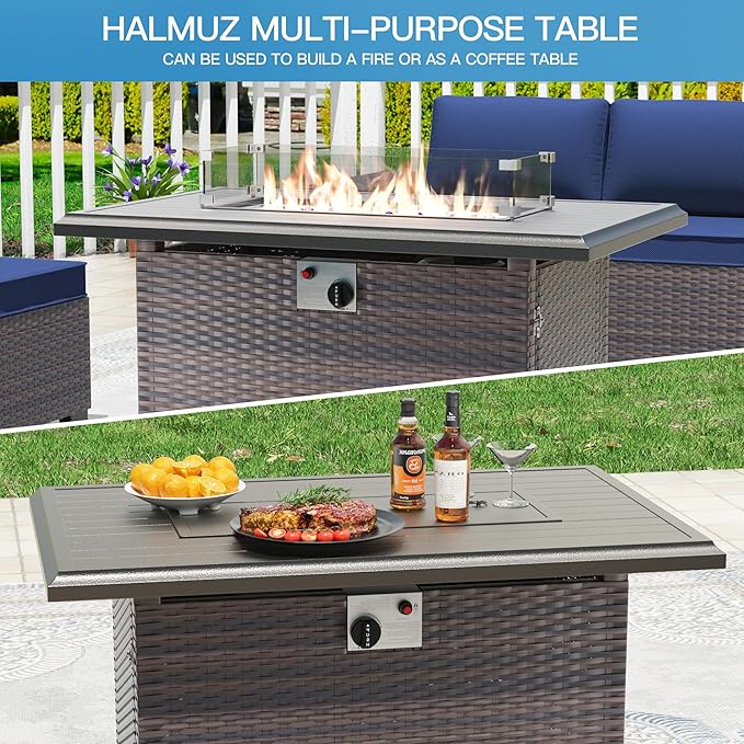 7 Pieces Outdoor Patio Furniture Set with 43"/55000BTU Gas Fire Pit Table,PE Rattan Wicker Outdoor Conversation Sofa Set Non-Slip Cushions Waterproof Covers for Backyard,Poolside,Garden,Navy
