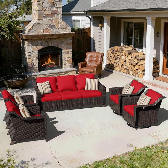 5 Pieces Patio Conversation Furniture Set - 1 Sofa, 2 Armchairs, 2 Swivel Chairs, Outdoor Wicker Furniture with Removable Cushions for Porch, Balcony, Sunroom (Red)