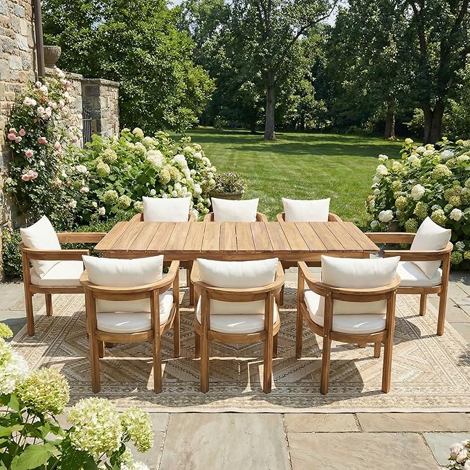 Christopher Knight Home Abaco Outdoor Acacia Wood Dining Table Set for 8, Outdoor Dining Set, Patio Table and Dining Chairs Set of 8 with Cushions, 9 Pieces Patio Set with Cushions, Beige and Teak