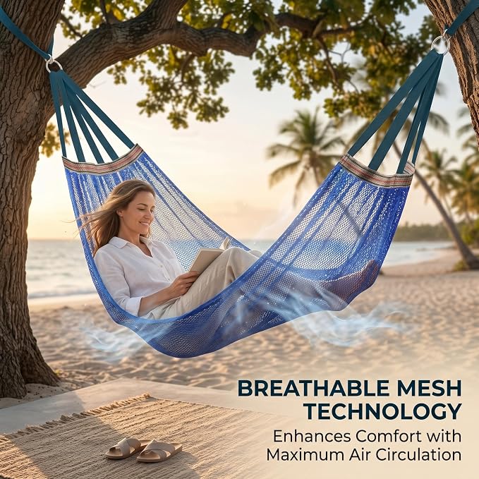 Lightweight Portable Anti-Roll Breathable Mesh Camping Hammock 102.36x51.18in with Tree Straps & Carry Bag, Blue, No Stand Included