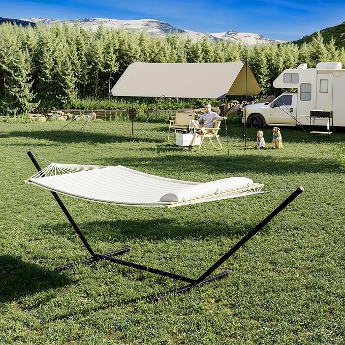 2 Person Double Hammock with Stand, Heavy Duty Supports 350 Lbs, Portable Rope Hammock with Comfort Pad & Pillow, Indoor Outdoor Use, Quick Assembly, Beige