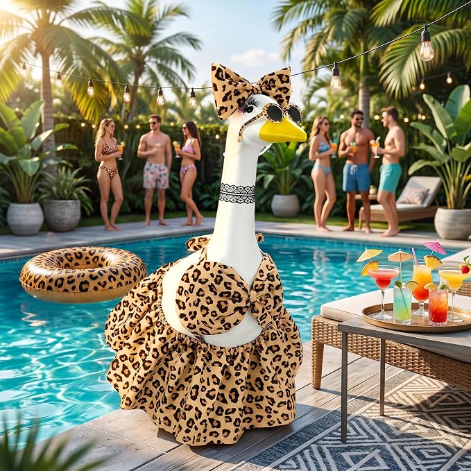 Leopard Bikini Porch Goose Outfit Set for 23 Inch Goose Statue, Swimsuit with Bow Eyelashes Lace Sunglasses Strap, Wild Style Summer Goose Clothes Decor (Leopard)
