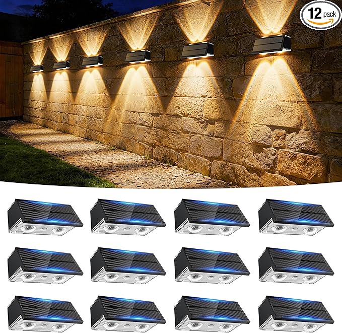 Solar Fence Lights Outdoor, 12 Pack 100LM Fence Lights Solar Powered Waterproof, 9 Color Modes, Up & Down LED Focused Beam, 12H Dusk to Dawn Glow for Pool/Patio/Wall/Backyard - Black