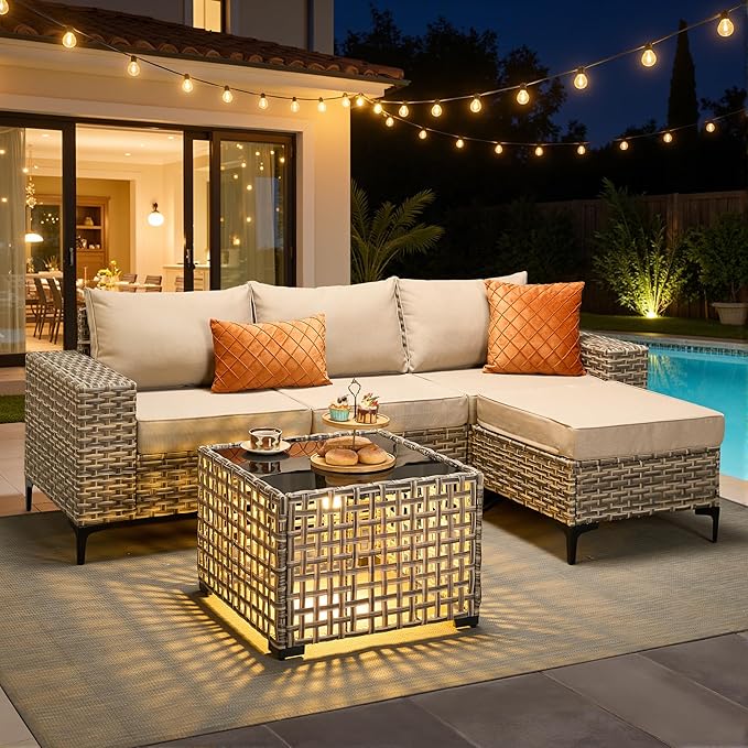 HOOOWOOO Outdoor Sectional Furniture Set with Solar Table,5 Pieces Wicker Patio Conversation Sets,L Shape All Weather Resistant Outside Couch Sofa Ottoman,Beige