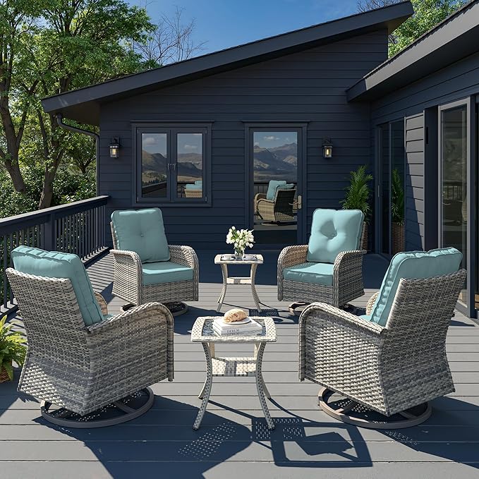 6-Piece Patio Rocking Swivel Chair Outdoor Wicker Rattan Bistro Set with Tempered Glass Side Table, Outdoor Patio Furniture Set for Garden, Deck, and Balcony, Light Blue