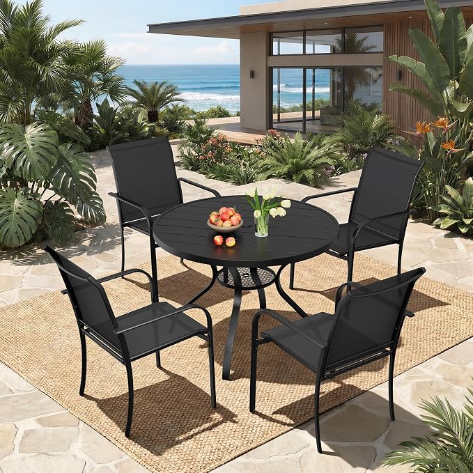 Incbruce 5 PCS Patio Dining Set, Outdoor Dining Set of 4 Textilene Chairs and 41" Round Table with Umbrella Hole for Backyard, Garden, and Poolside (Black)