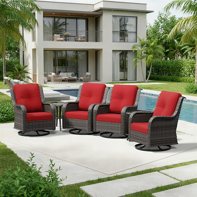 Joyside 6 Piece Wicker Patio Furniture Set, Outdoor Swivel Rocker Patio Chairs with High Back, Deep Seating, Wide Armrest, Thickened Cushions, Outdoor Furniture for Deck, Porch Use