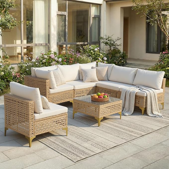 FHFO Patio Furniture Set, 7-Piece Wicker Patio Sectional Sofa Couch, Rattan Outdoor Conversation Set with Thick Cushion & Tempered Glass Coffee Table for Porch, Garden, Backyard (Yellow/Beige)