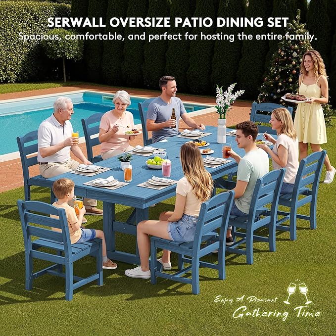 SERWALL 9 Piece Outdoor Dining Set, 84" HDPE Outdoor Table and Armless Chairs Set for 8，All Weather Patio Furniture Set with Umbrella Hole for Backyard, Garden, Blue