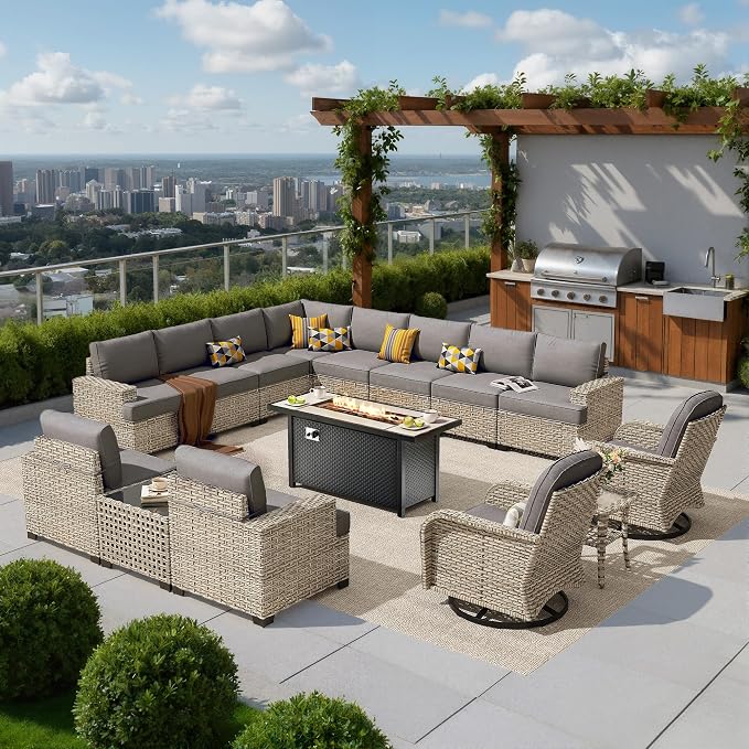 HOOOWOOO Sectional Patio Furniture Set with Fire Pit Table,15 Pieces Wicker Outdoor Furniture L Shaped Couch,Outside Conversation Set Extra Deep Seat Sofa Wide Arm Swivel Chairs Solar Light,Dark Gray