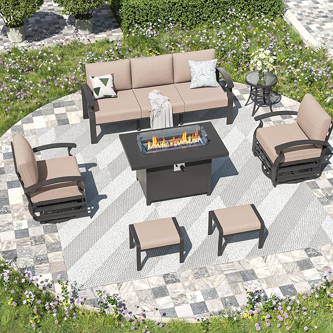 Kullavik Aluminum Patio Furniture Set with Propane Fire Pit Table,7-seat Metal Outdoor Furniture w/Swivel Chairs, Patio Sectional Sofas w/2 Ottomans for Porch,Backyard,Poolside-Sand