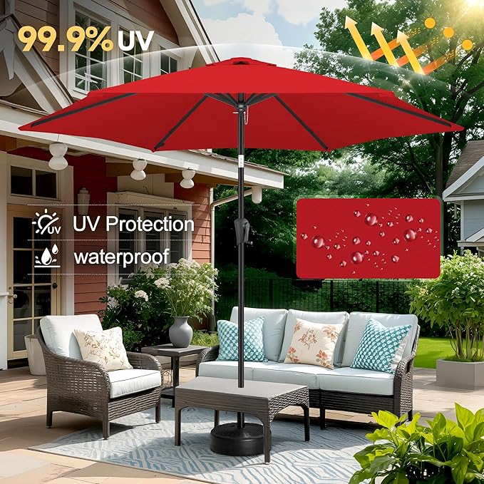 FLAME&SHADE 10ft Patio Umbrella - Outdoor Umbrella with 6 Sturdy Ribs, Push Button Tilt and Crank, UV Protection Table Market Umbrella for Pool, Porch，Garden, Deck, Backyard(Red)