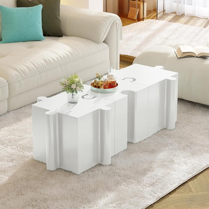 Christopher Knight Home Daton Interlocking Puzzle Outdoor Side Table, Lightweight Concrete Patio Coffee Table, Concave Edge MGO Modular End Table, Creative Set Up for Indoor&Outdoor Use, White