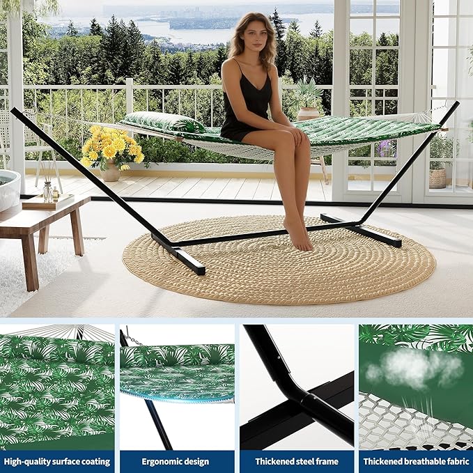 Double Hammock with Stand Curved-Bar Hammock, 450LBS Capacity, 2 Person Large Hammock, Indoor and Outdoor Hammock, Perfect for Backyard Patio Beach
