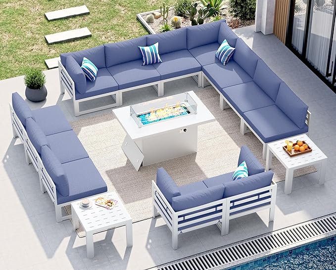 NICESOUL 15 Piece Extra Large Aluminum Outdoor Furniture Set with Firepit, Luxury Patio Sectional with Coffee Table, 500lbs Sturdy Comfortable Couch Sofa Conversations for Outside Garden, Denim Blue