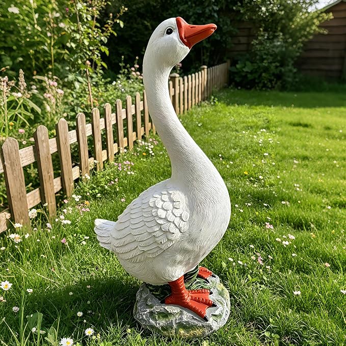 Porch Goose Statue Outdoor 20" Large White Porch Goose Garden Decor,Goose Sculpture for Lawn,Patio,Balcony,Yard Ornament,Cute Resin Goose Figurine Gifts for Mom Grandma Women