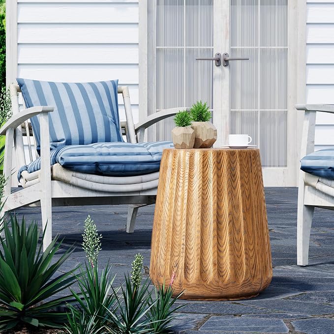 HOMPUS Outdoor Side Table Round, Concrete Lightweight MgO End Table Faux Wooden, Patio Accent Coffee Table Garden Tool for Patio, Porch and Deck, Light Oak
