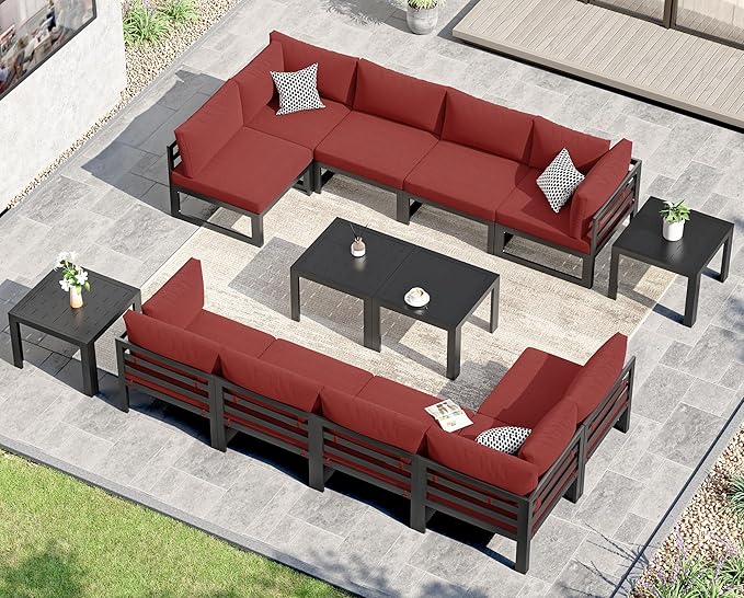 NICESOUL 10 Seat Large Luxury Aluminum Patio Conversation Set with Side Table, 29" Deep Wide Seating, Modular Sectional Couch, 500 lbs Heavy Duty All Weather Outdoor Sofa for Backyard Deck, Burgundy