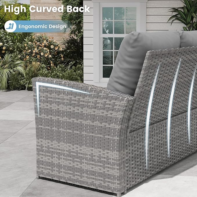 Amopatio 4 Piece Outdoor Wicker Patio Furniture Set, PE Rattan Sectional Sofa with Thick Cushions & Tempered Glass Table, Weather-Resistant Patio Conversation Sets for Balcony, Backyard, Grey