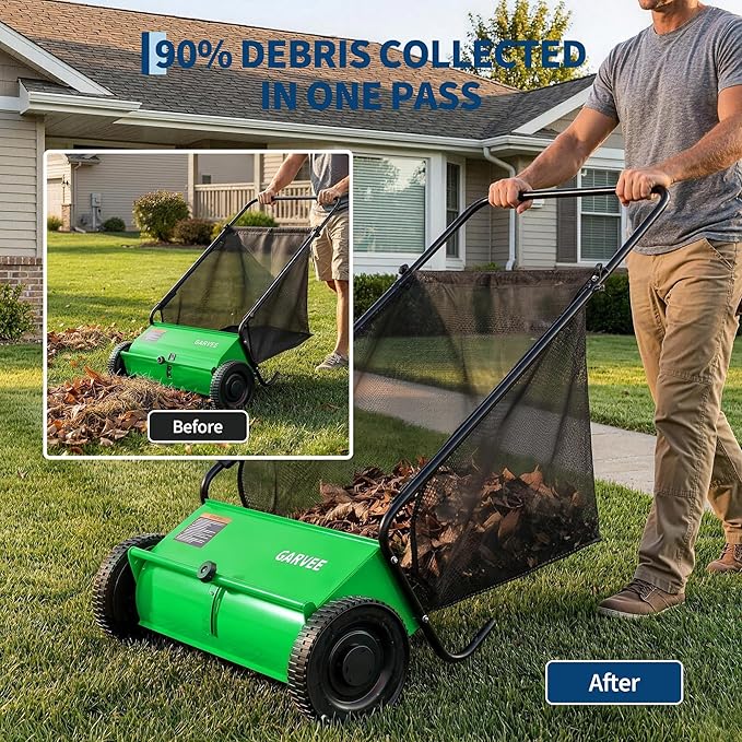 Garvee 26 Inch Push Lawn Sweeper, Walk Behind Leaf Grass Collector with 7 Cu ft Hopper Bag, Carbon Steel Frame, Yard Sweeper with Adjustable Brush Height for Garden Patio Driveway Leaves Cleanup