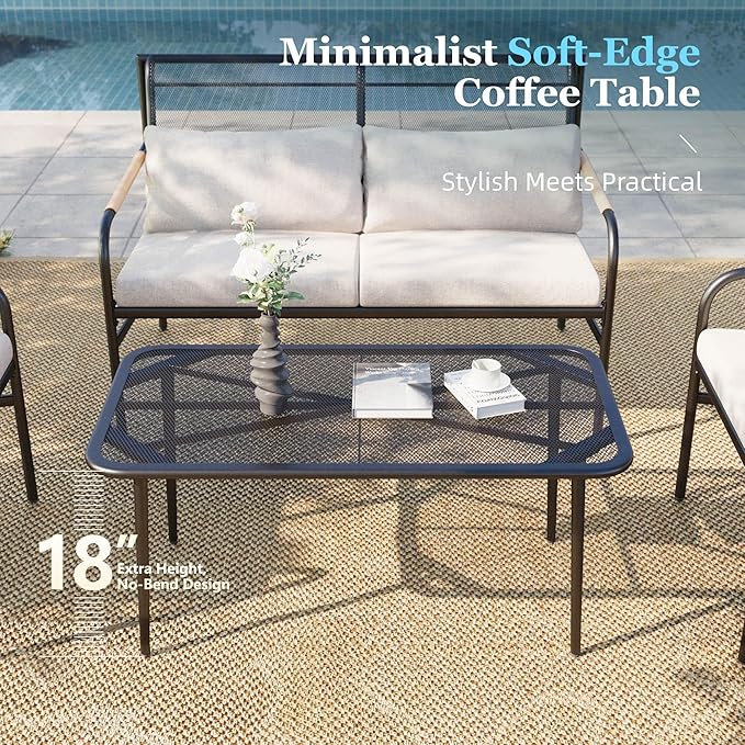 HERA'S HOUSE Patio Furniture Set, 4 Pieces Outdoor Furniture Set with 6.7'' Thick Cushions, All-Weather Patio Conversation Set with Coffee Table for Backyard, Poolside, Deck-Beige