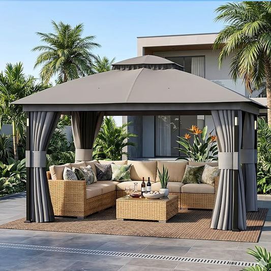 Covered Outdoor Patio Gazebo 11'x13' with LED Lights & Bluetooth Speaker, Heavy Duty Outdoor Canopy Shelter with Metal Frame, Double Roofs, Soft Top Gazebo with Netting and Curtains for Backyard, Gray