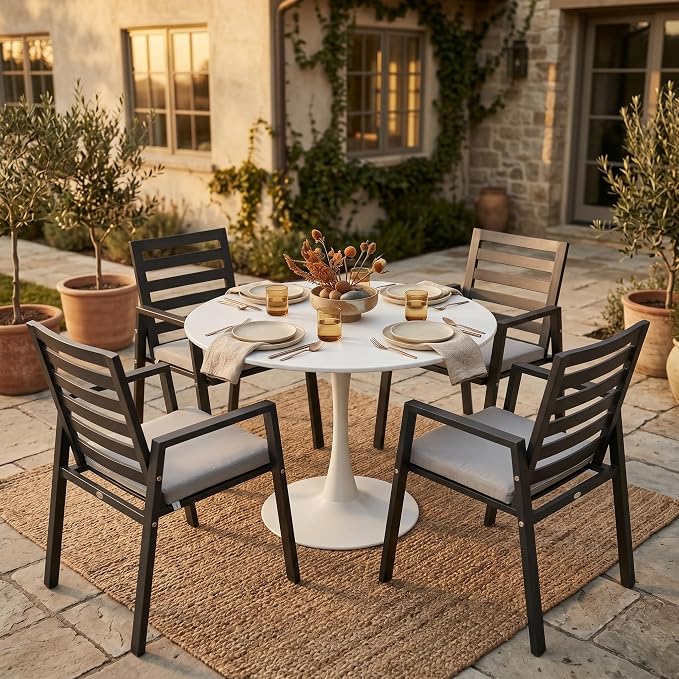 LeisureMod Bello 35" Round Outdoor Dining Table, Modern Black Metal Patio Bistro Table with Pedestal Base, Weather-Resistant Accent Table for Balcony, Garden, Deck, Backyard & Cafe, White