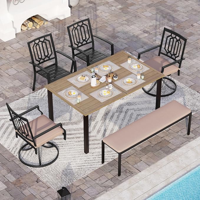 SUNSHINE VALLEY Patio Dining Set,60x36 Outdoor Table w/Umbrella Hole | Outdoor Table and Chairs Set w/ Umbrella Hole, 2 Leg Chairs, 2 Swivel Chairs, 1 Metal Table and 1 Cushioned Bench
