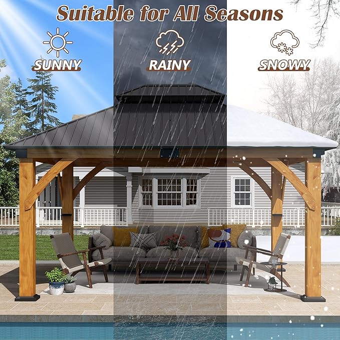 13' x 15' Upgraded Wood Gazebo, Spruce Wooden Gazebo with Double Galvanized Steel Roof, Outdoor Wooden Hardtop Gazebos for Deck,Patio