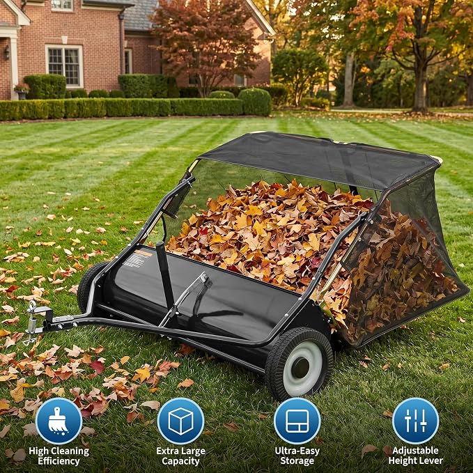 48" Tow Behind Lawn Sweeper, 16 cu. ft Capacity Leaf & Grass Collector-Adjustable Sweeping Height, Dumping Rope Design for Efficient Debris & Grass Cleanup on Yards, Driveways & Sidewalks