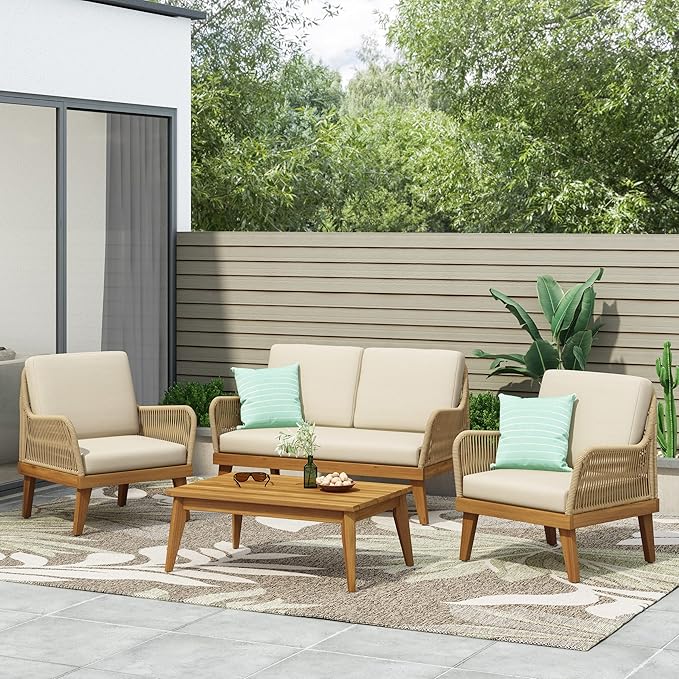 4-Pieces Acacia Wood Patio Furniture Set, All-Weather Outdoor Patio Conversation Set with Coffee Table and Soft Cushions, Rope Weave Porch Chairs for Garden Backyard Porch Balcony