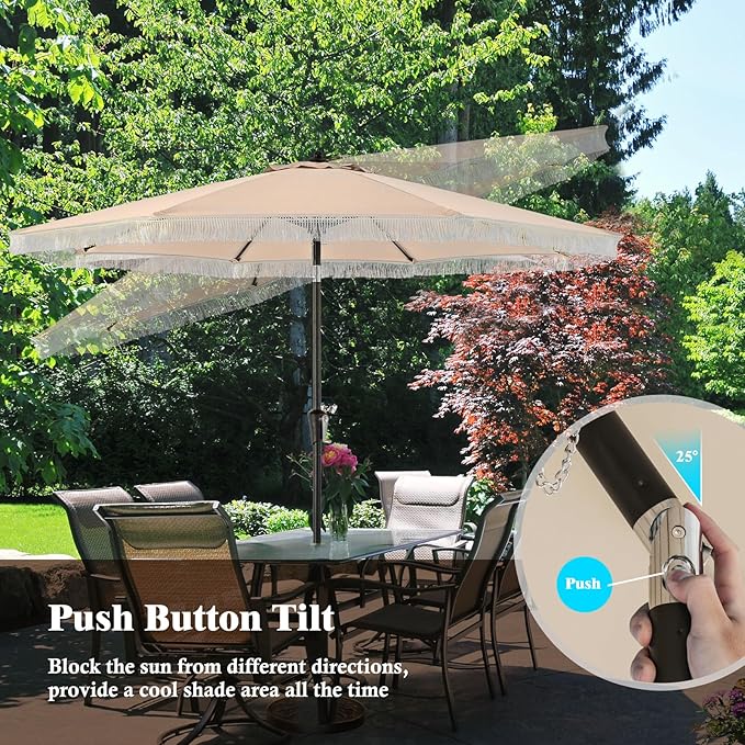 Tangkula 9Ft Patio Umbrella with Fringe, 2-Tier Outdoor Boho Umbrella with Tassels, Crank Handle, Push Button Tilt, Sun-Protective Canopy, 8 Ribs for Deck Backyard Poolside
