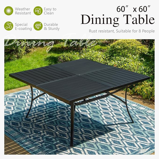 Sophia & William 9 Pieces Patio Dining Set for 8, 60" Large Square Patio Table and Rattan Chairs Set, All Weather Outdoor Dining Set, 8 People Metal Patio Table Set for Outside, Black Tabletop