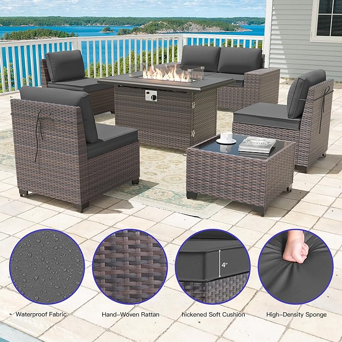 7 Pieces Outdoor Patio Furniture Set with 43"/55000BTU Gas Fire Pit Table,PE Rattan Wicker Outdoor Conversation Sofa Set Non-Slip Cushions Waterproof Covers for Backyard,Poolside,Garden,Grey