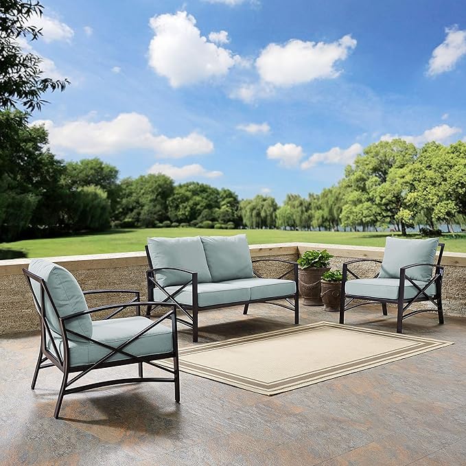 Crosley Furniture Kaplan 3-Piece Outdoor Loveseat Patio Furniture Set, Conversation Sets for Porch, Deck, Oiled Bronze with Mist Cushions