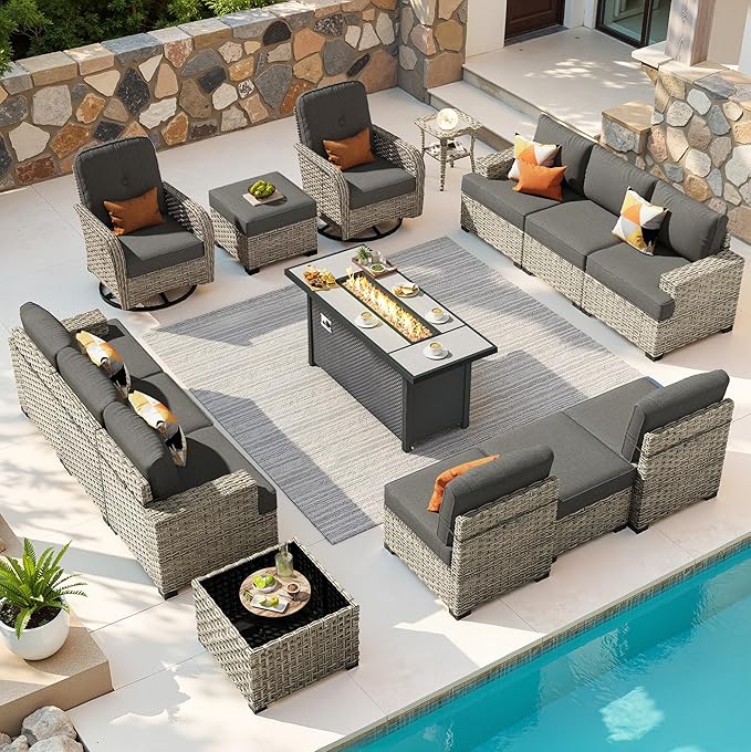 15-Piece Outdoor Sectional Sofa Set w/ 54" Fire Pit – L-Shaped Wicker Patio Furniture, Deep Seating & Swivel Rockers, Black
