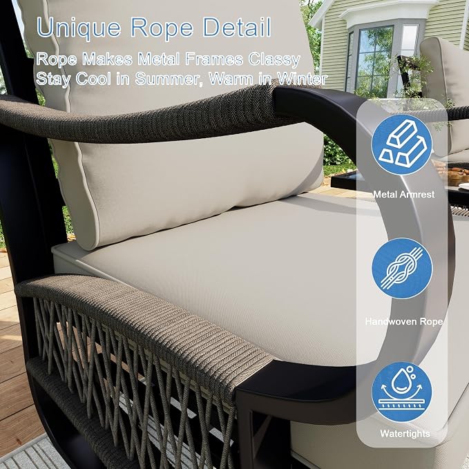 12 Pieces Outdoor Conversation Set, Rope Patio Furniture Sets Metal 2 Three-Seater Couch 4 Swivel Rockers with 2 Side Tables Loveseat Sofa 2 Single Chairs with Coffee Table, Beige