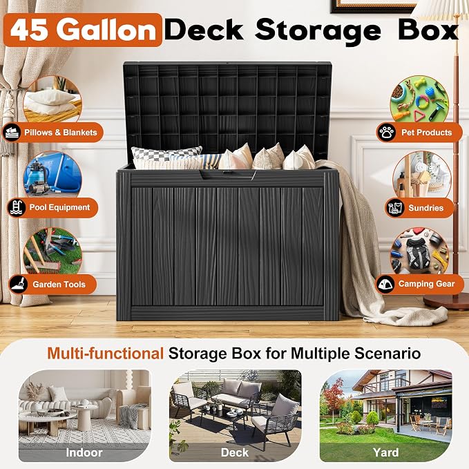 Outdoor Storage Box, Resin Deck Boxes Indoor and outdoor, Waterproof Storage Box Lockable Lid (Black, 45 Gallon)