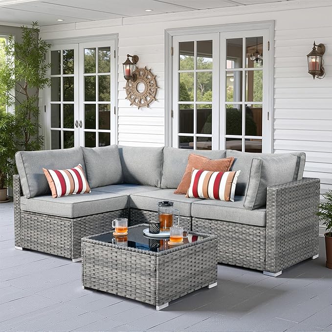5 PCS Outdoor Patio Furniture Sets,Wicker Weather Resistant Patio Conversation Set with Comfy Cushions,Modular L Shaped Sofa with Coffee Table for Yard Backyard Porch Garden Poolside,Dark Grey