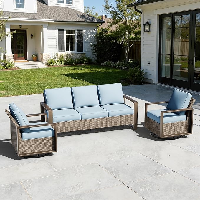 Wicker Patio 75" Sofa Set with 2 Swivel Chairs, All Weather Rattan Outdoor Conversation Furniture Set with Wood-Looking Metal Armrest & Removable Cushions for Backyard Porch, Baby Blue