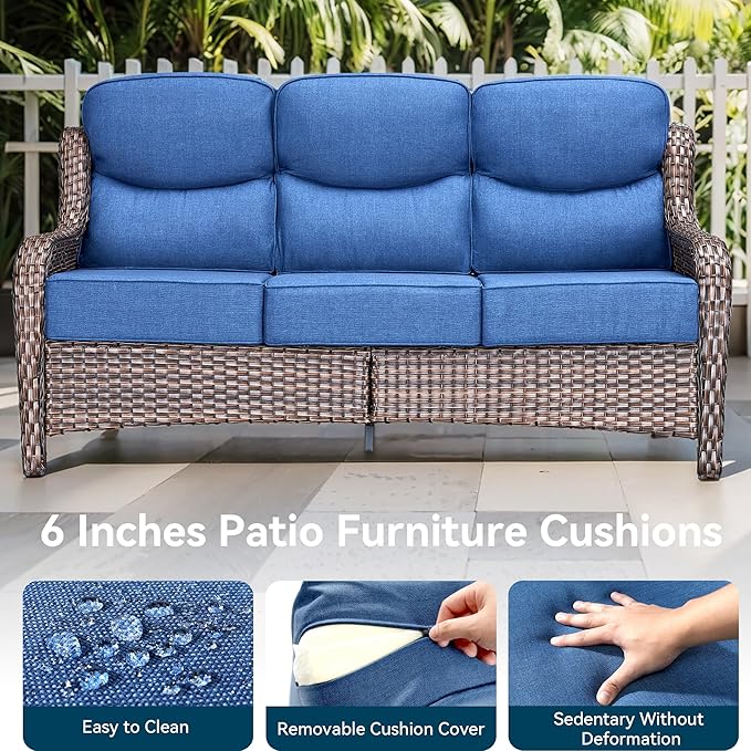 Luxury Outdoor Patio Furniture Set-Wicker High Backrest 3-Seat Patio Sofa with Comfy 6" Cushion, Rattan Couch with Deep Seat All-Weather Patio Conversation Set for Deck Backyard Garden(Brown/Blue)