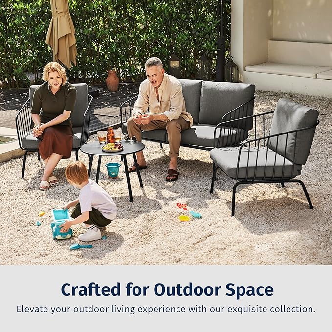 East Oak 4-Piece Plaza Patio Furniture Set, Outdoor Furniture with Thick Cushion Sofa and Coffee Table, Modern Patio Conversation Set for Balcony, Poolside and Yard, Black & Grey
