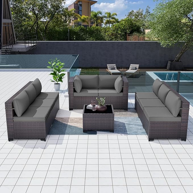 Patio Furniture Set 9pcs Outdoor Furniture for Backyard Sectional Sofa Set, Wicker Rattan Outdoor Conversation Set with 4 Inch Thickened Cushions and Coffee Table, Grey