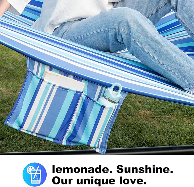 2 Person Hammock with Stand for Outside, 12ft Heavy Duty Steel Stand, Double Hammocks with Hardwood Spreader Bar, Large Removable Pillow, Side Pockets, Max 475 lbs Capacity (Ocean Blue)