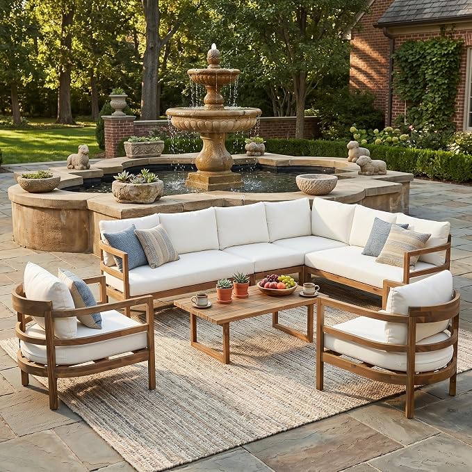 Christopher Knight Home Outdoor Acacia Wood 7 Seater Sectional Sofa Set with Thick Cushions Patio Conversation Set Modular Outdoor Seating with Coffee Table and Club Chairs for Patio Garden Deck
