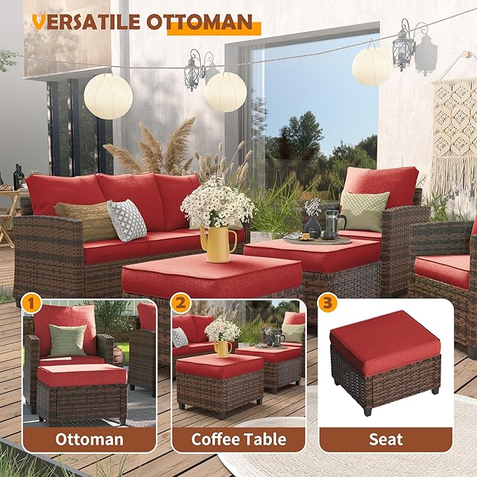 UDPATIO Patio Conversation Set, 5 Pieces Outdoor Furniture Set, All-Weather Wicker Rattan High Back Outdoor Sectional Sofa Set with Ottoman for Poolside, Backyard, Brown Wicker Wine Red Cushions