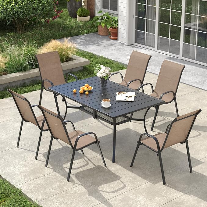 VICLLAX Outdoor Patio Dining Set for 6, Metal Slatted Patio Table with Umbrella Hole and Stackable Patio Chairs for Deck Lawn Garden, Brown Fabric and Black Tabletop